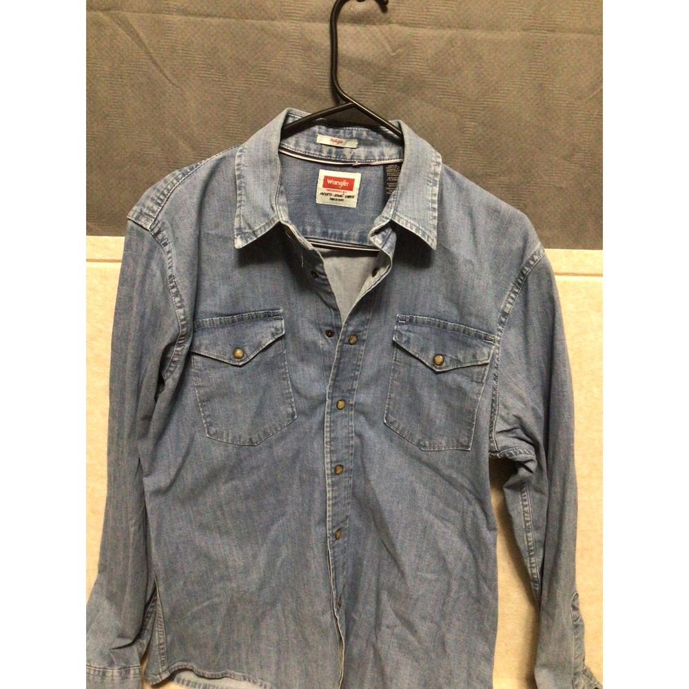 Wrangler Mens Indigo Denim Western Pearl Snap Shirt Medium Wash Blue M